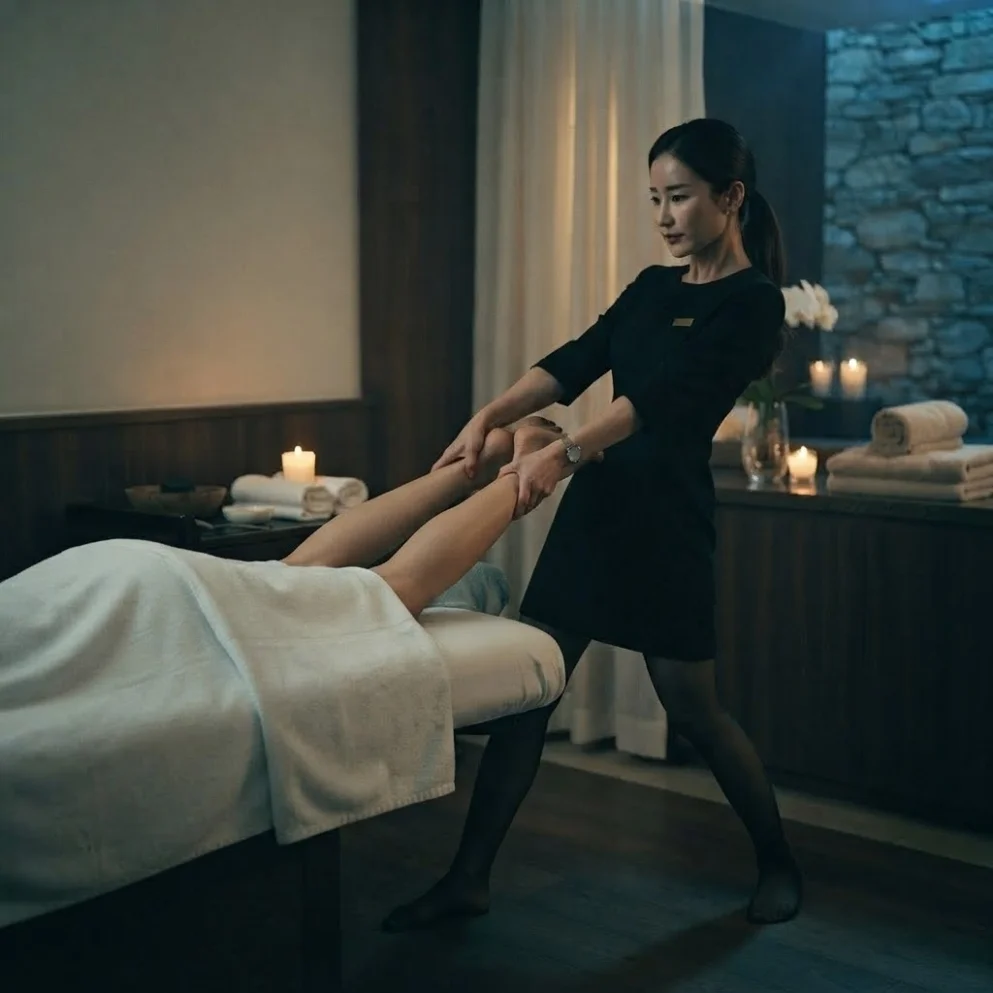 Illustrative hands-on massage in a softly lit private room