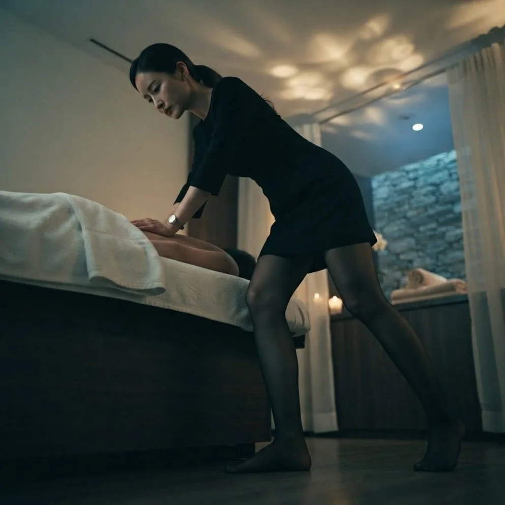 Illustrative hands-on massage in a softly lit private room