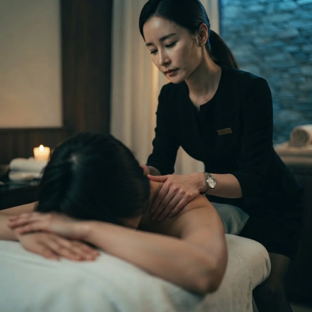 Illustrative hands-on massage in a softly lit private room