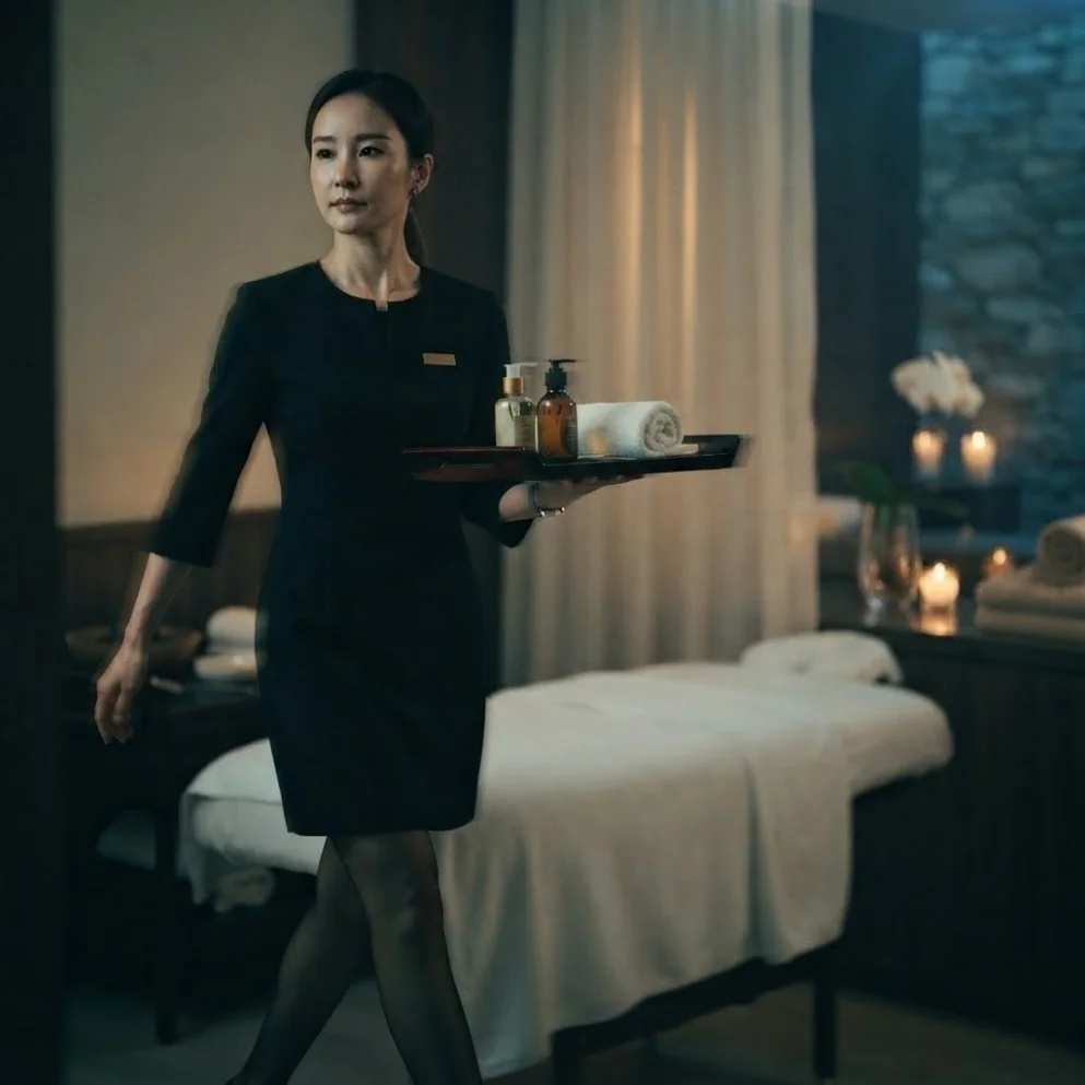Illustrative therapist beside a prepared table in a private hotel room