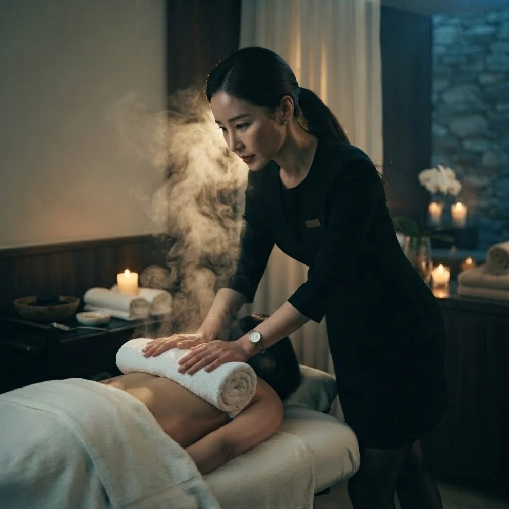 Illustrative hands-on massage in a softly lit private room