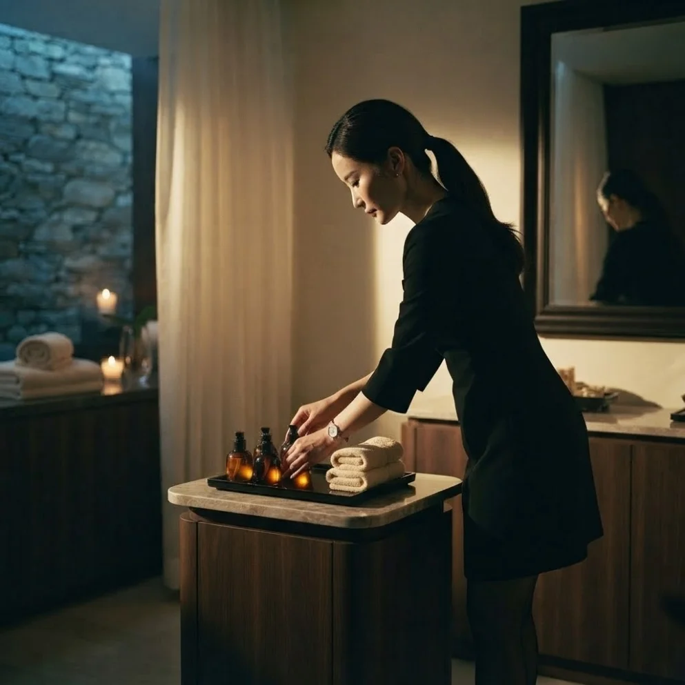 Illustrative massage preparation with oils, towels or room supplies