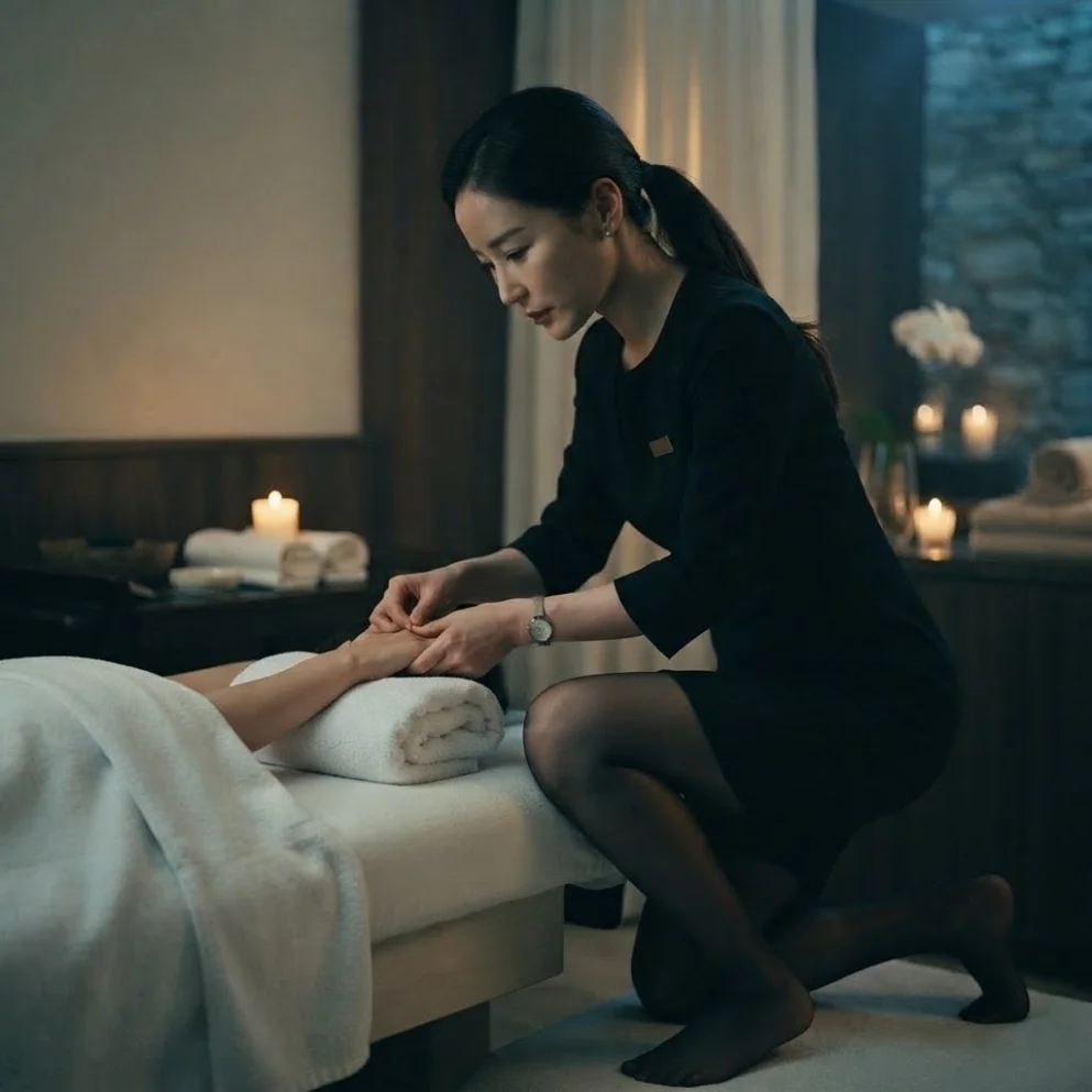 Illustrative hands-on massage in a softly lit private room