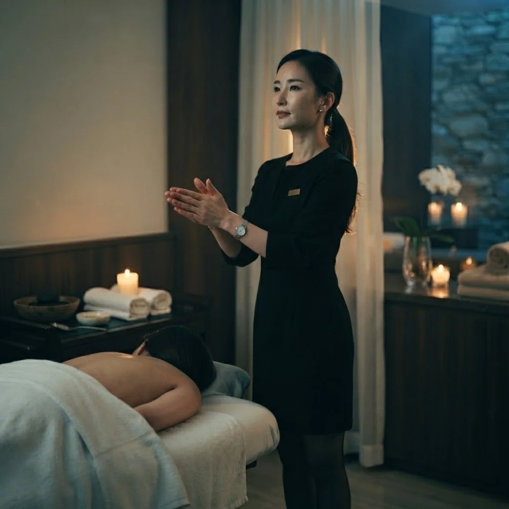 Illustrative hands-on massage in a softly lit private room