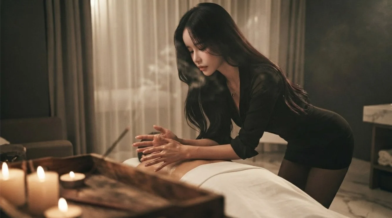 Illustrative hands-on massage in a softly lit private room