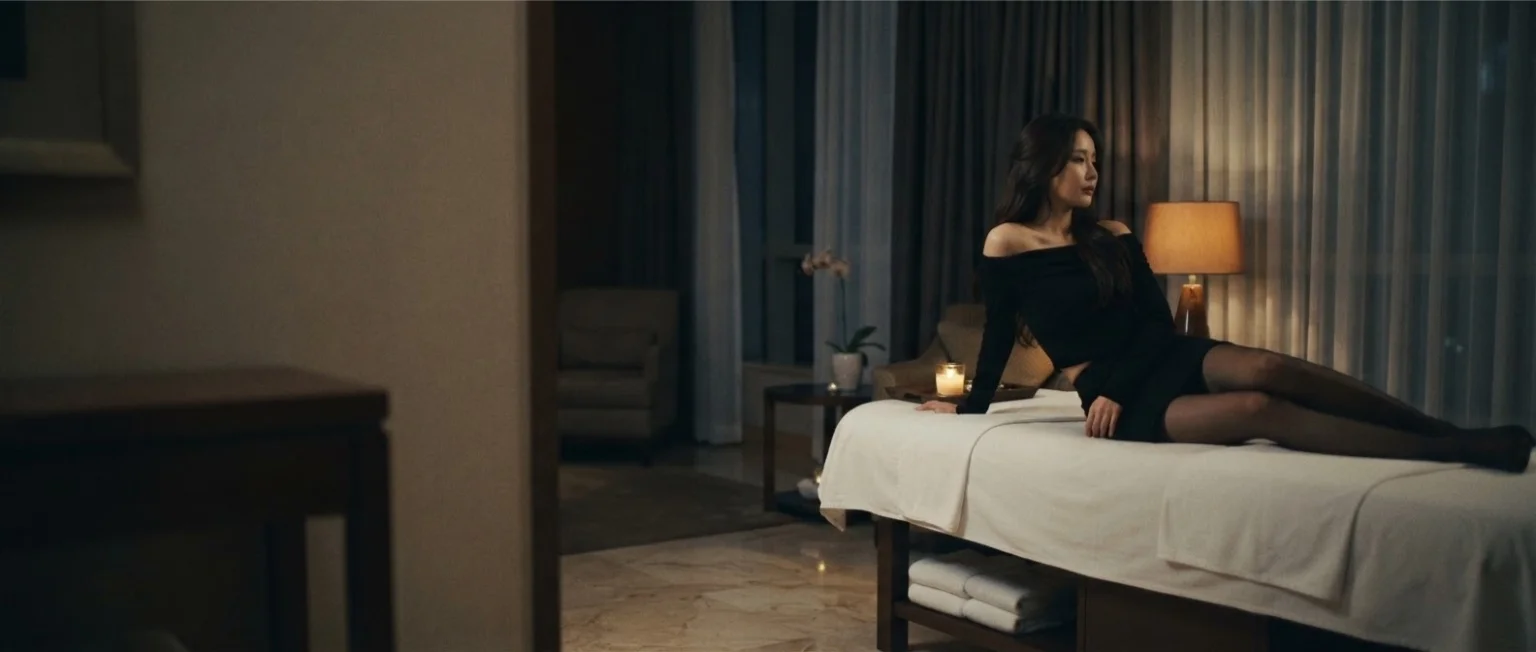 Illustrative therapist beside a prepared table in a private hotel room