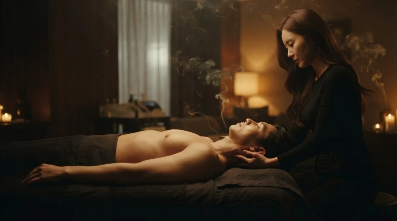 Illustrative hotel massage scene